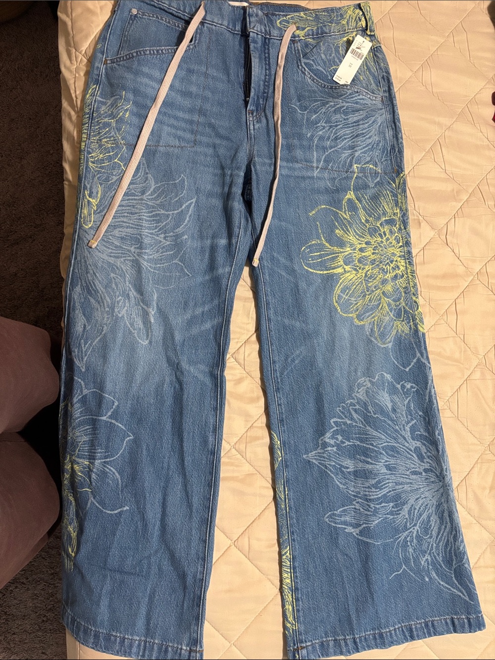 Anthropologie Denim Wide-Leg Pants with Yellow Floral Embroidery